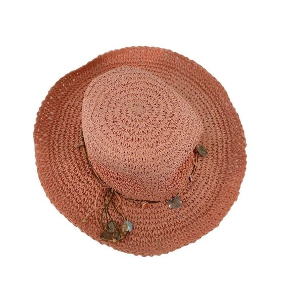 Hat Stuff Pink Woven Floppy Wide Brim Hat Shell Beaded Band Womens OS Bohemian - Picture 2 of 8